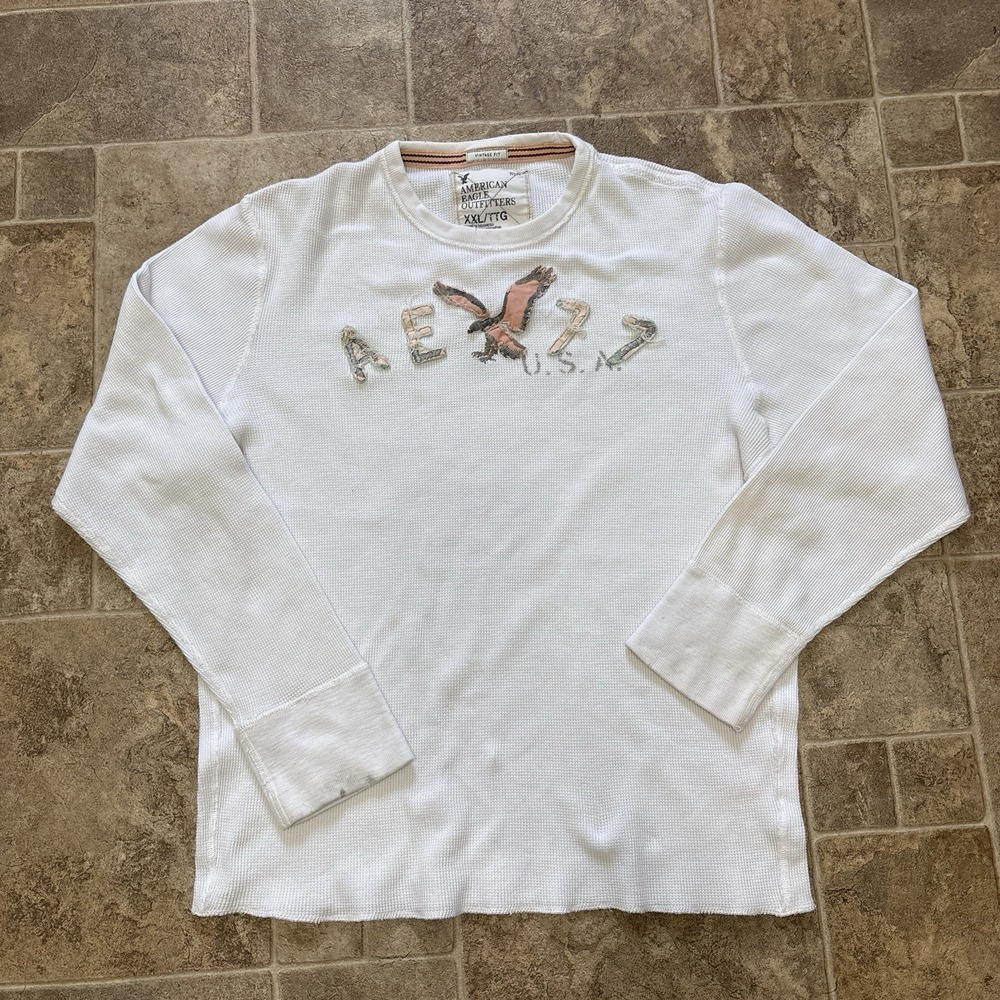 American Eagle AEO XXL Y2K 2009 Thermal Waffle Knit Applique Long Sleeve Shirt